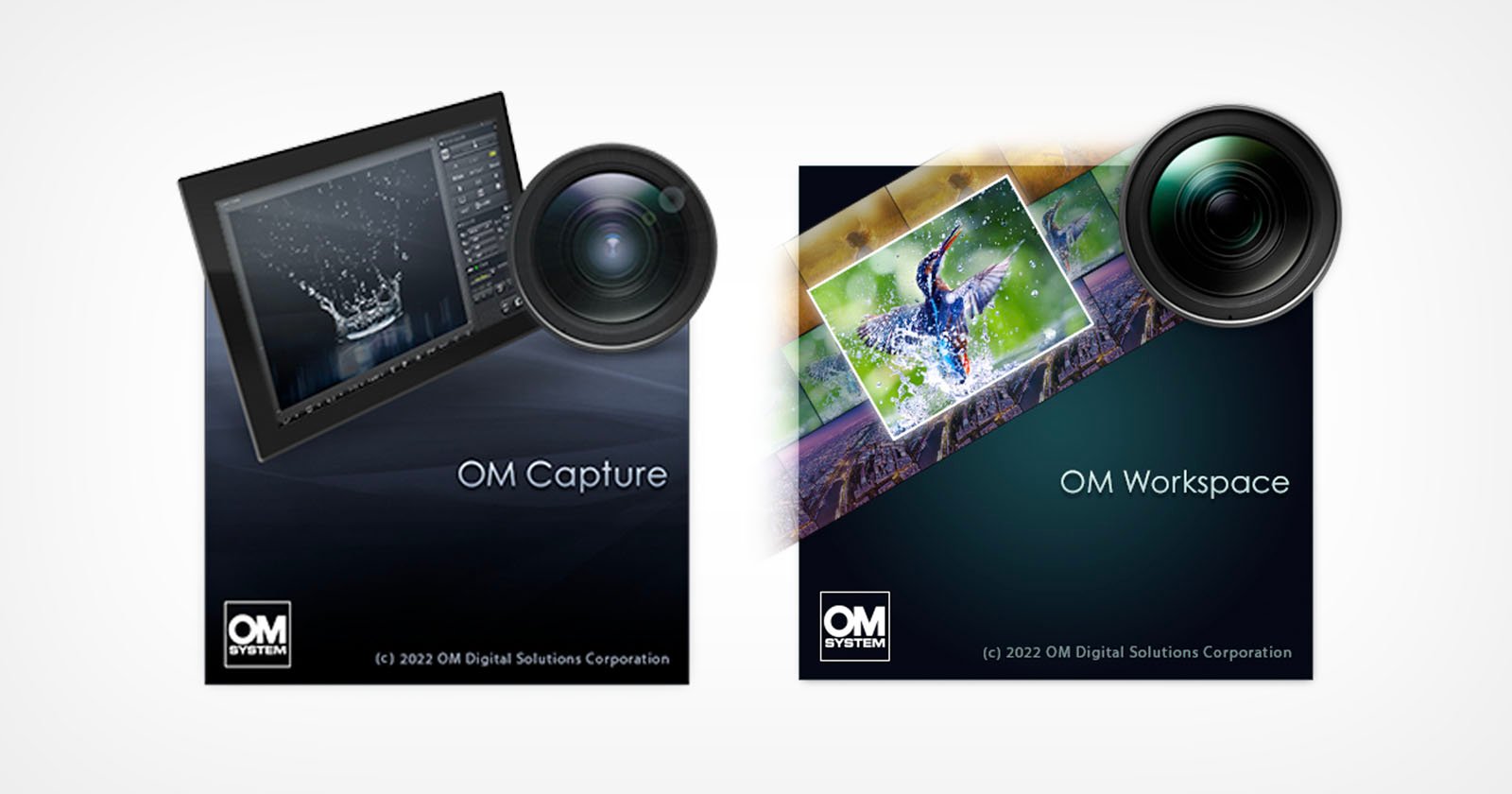 Two promotional graphics for om system software: om capture and om workspace, each featuring a camera lens and vibrant digital images on computer screens, signifying photography and editing software.