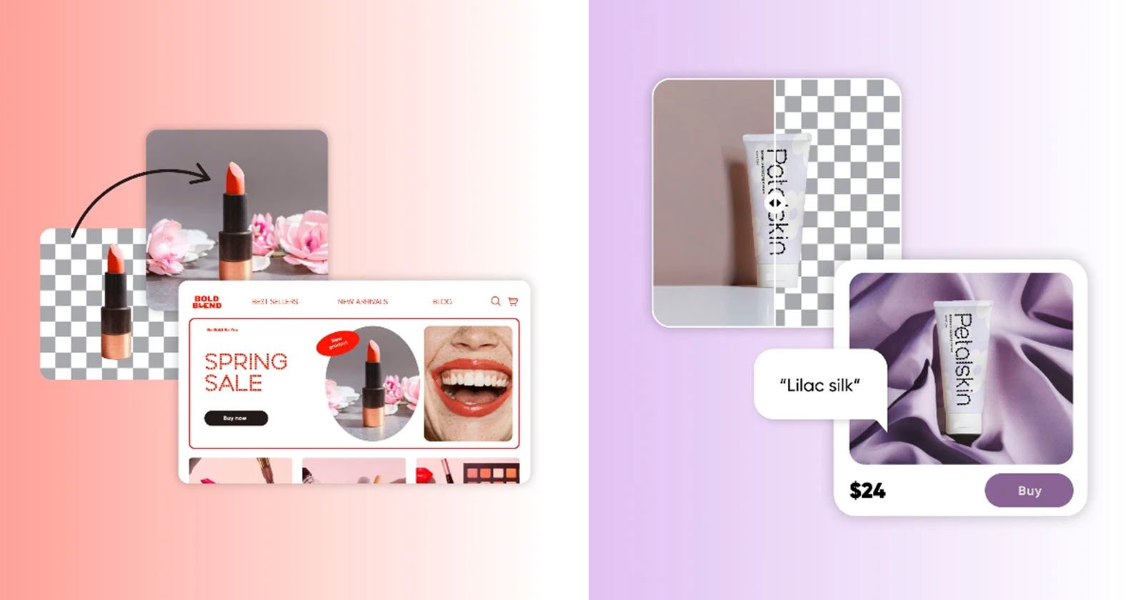 Two digital advertisements on a split background; the left side features makeup products and the right side showcases a fabric sample, both with clickable purchase options.