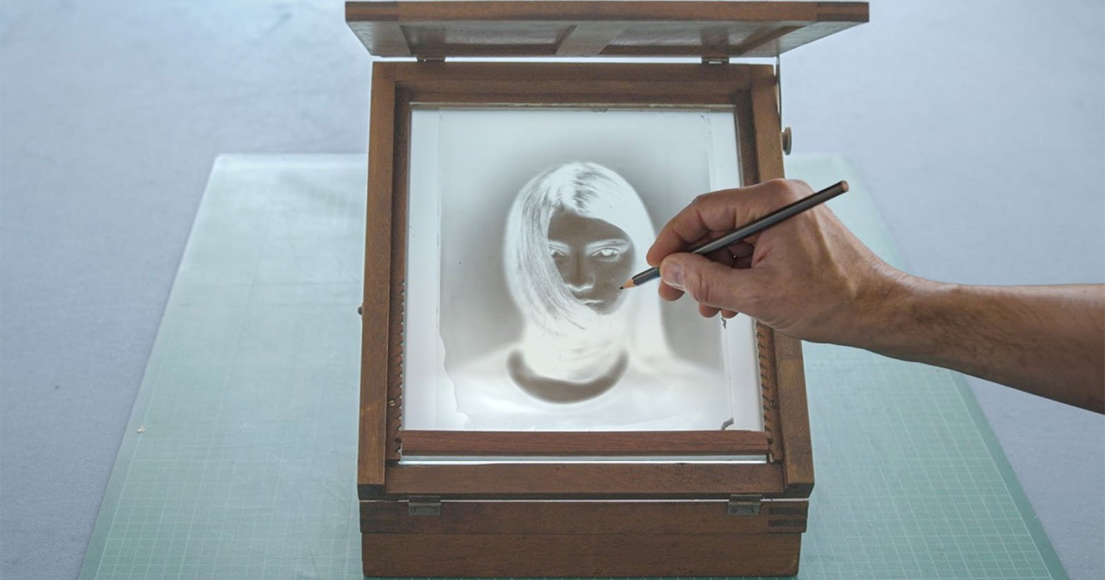 A hand holding a pencil traces over a photographic negative of a woman's face, which is placed inside a wooden box with a glass lid. The box sits on a green cutting mat. A hand holding a pencil traces over a photographic negative of a woman's face, which is placed inside a wooden box with a glass lid. The box sits on a green cutting mat.