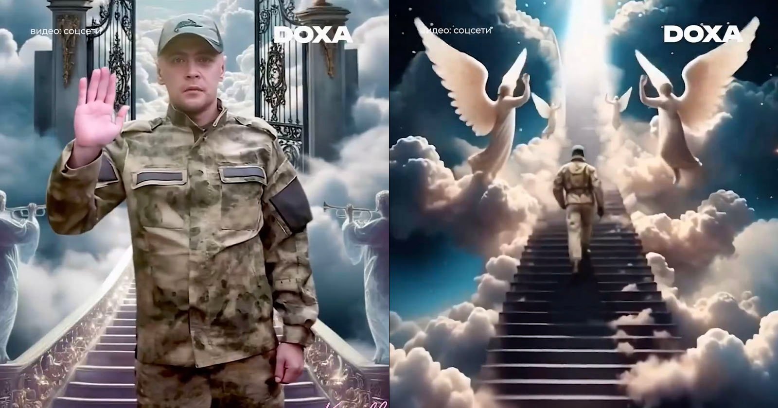 A split image: left side shows a man in military uniform raising his right hand; right side shows a soldier climbing a staircase toward a shining light, surrounded by angels and clouds. A split image: left side shows a man in military uniform raising his right hand; right side shows a soldier climbing a staircase toward a shining light, surrounded by angels and clouds.