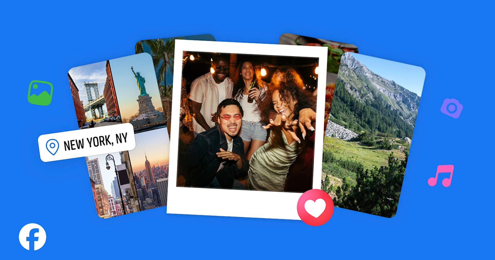 A collage on a blue background with travel photos, a group of friends dancing, and icons for photos, music, and camera. A New York, NY location tag and Facebook logo are included. A collage on a blue background with travel photos, a group of friends dancing, and icons for photos, music, and camera. A New York, NY location tag and Facebook logo are included.