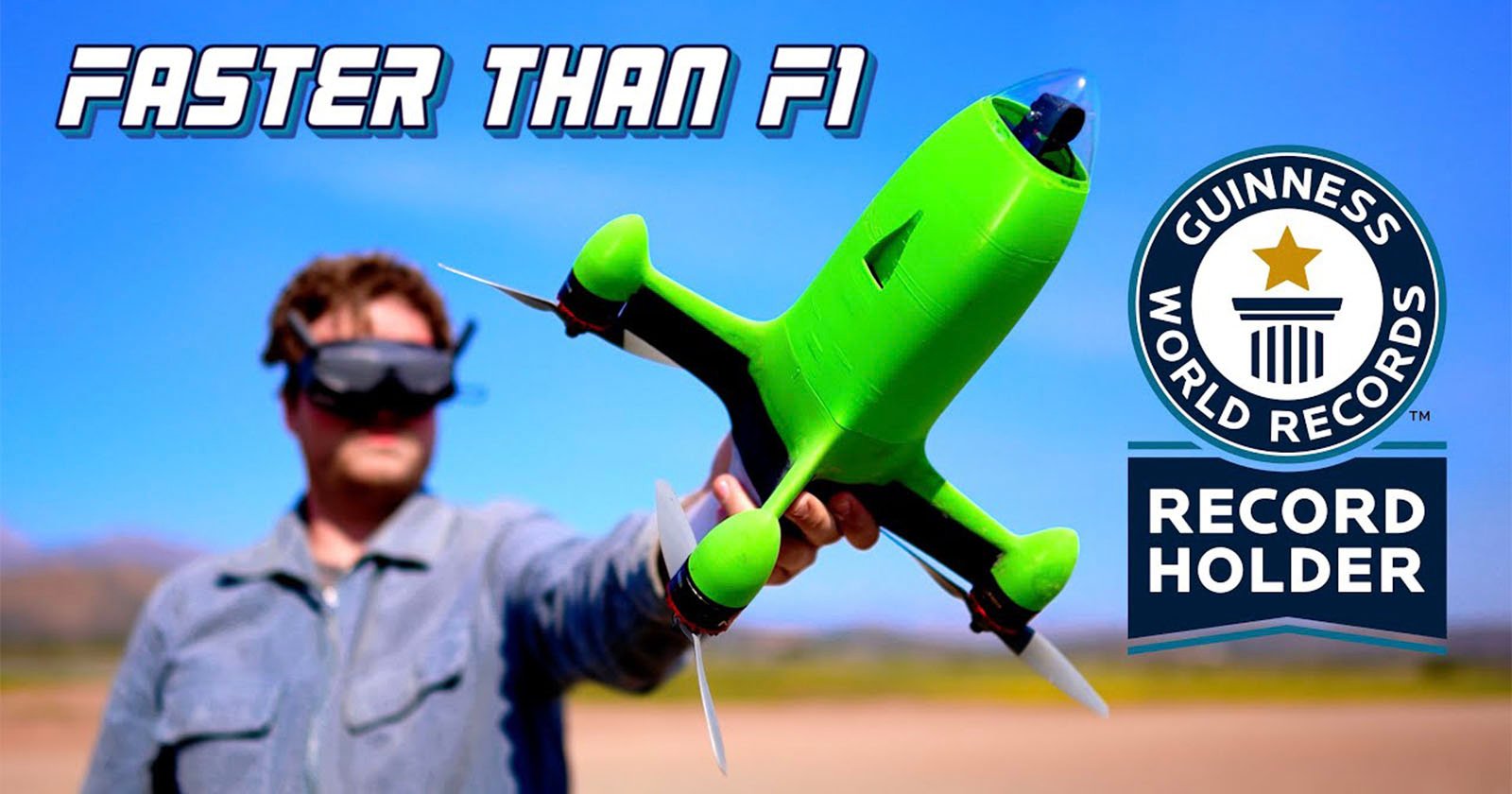 A man wearing a blindfold holds a bright green, rocket-shaped drone with faster than f1 text, outdoors under a clear sky. guinness world records and record holder logos are displayed.