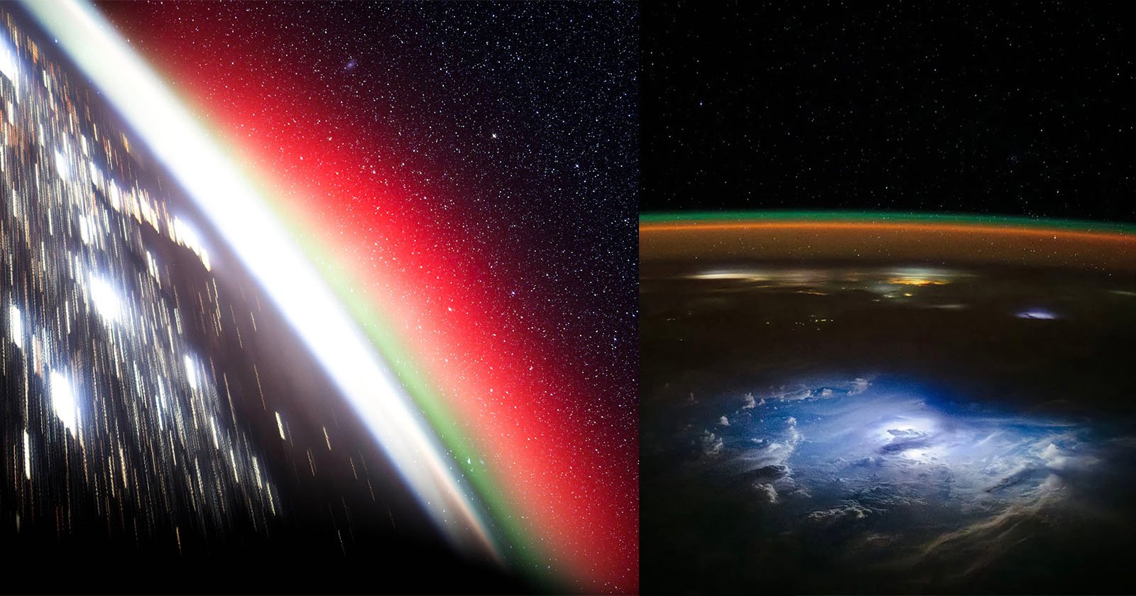 View from space showing Earth’s curved horizon with glowing red and green atmospheric layers, starry background, and city lights; on the right, colorful clouds and auroras light up the planet’s edge. View from space showing Earth’s curved horizon with glowing red and green atmospheric layers, starry background, and city lights; on the right, colorful clouds and auroras light up the planet’s edge.