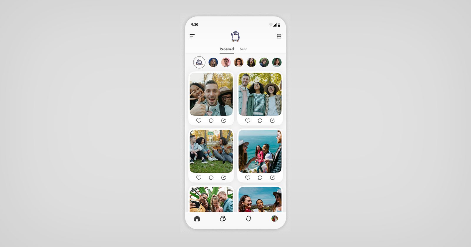 A smartphone screen displays a social media app interface with a feed of group selfies, icons for navigation at the bottom, and profile stories in circles across the top. A smartphone screen displays a social media app interface with a feed of group selfies, icons for navigation at the bottom, and profile stories in circles across the top.