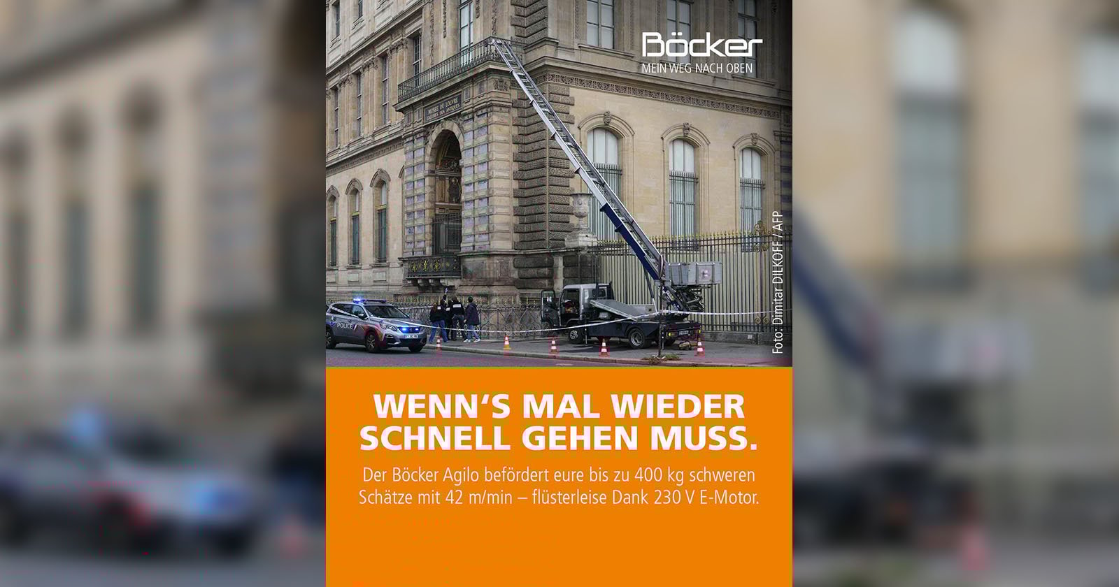 A Böcker cargo lift is positioned against a historic stone building, reaching an upper window. Two police cars and orange cones block the street. Text overlay promotes the lift’s speed and electric motor. A Böcker cargo lift is positioned against a historic stone building, reaching an upper window. Two police cars and orange cones block the street. Text overlay promotes the lift’s speed and electric motor.