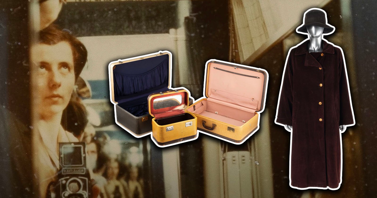A vintage photo of a woman with a camera is in the background. In the foreground are three vintage suitcases, one open with a red interior, and a long, dark brown coat with gold buttons and a black hat on a mannequin. A vintage photo of a woman with a camera is in the background. In the foreground are three vintage suitcases, one open with a red interior, and a long, dark brown coat with gold buttons and a black hat on a mannequin.