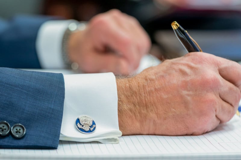 President Joe Biden’s cufflinks are seen during his participation in the G7 Leaders’ Virtual Meeting Friday, Feb. 19, 2021, in the White House Situation Room. (Official White House Photo by Adam Schultz) President Joe Biden’s cufflinks are seen during his participation in the G7 Leaders’ Virtual Meeting Friday, Feb. 19, 2021, in the White House Situation Room. (Official White House Photo by Adam Schultz)