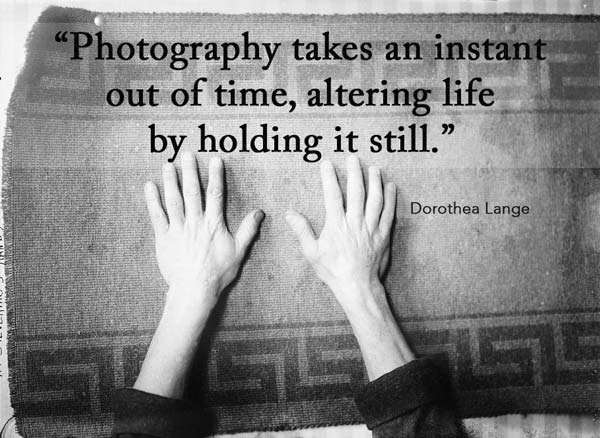An illustration with a photography quote by Dorothea Lange