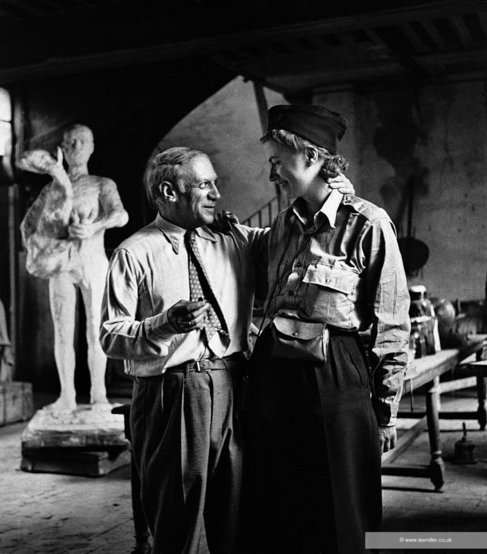 Picasso and Lee Miller in the artist’s studio during the liberation of Paris. Picasso embraced Lee Miller with effusive warmth, declaring: “This is marvelous, this is the first Allied soldier I have seen, and it’s you!” Published: 1. UK Vogue, October 1944. 2. Portrait of Picasso by Roland Penrose 1971 Fig 175 P68 Captioned as: Picasso and Lee Miller. Published in Portrait of Picasso by Roland Penrose, 1956, page 66 and in Portrait of Picasso by Roland Penrose, 1956 (reprinted 1971), page 68, Lund Humphries, London. Captioned as: Picasso at rue des Grands Augustins with Lee Miller, first Allied correspondent to call on him after the liberation of Paris. Published in Visiting Picasso - The Notebooks and letters of Roland Penrose by Elizabeth Cowling, 2008, front cover and page 52, Thames & Hudson, London. Published in Scrap Book by Roland Penrose, 1981, page 136, La Poligrafa, Barcelona.