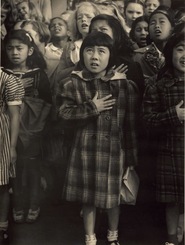 Pledge of Allegiance, Raphael Weill Elementary School, San Francisco; Dorothea Lange (American, 1895 - 1965); San Francisco, California, United States; negative April 20, 1942; print about 1960s; Gelatin silver print; 34 × 25.6 cm (13 3/8 × 10 1/16 in.); 2000.50.16; No Copyright - United States (https://rightsstatements.org/vocab/NoC-US/1.0/)