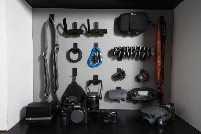 Hooks holding a variety of camera equipment Hooks holding a variety of camera equipment