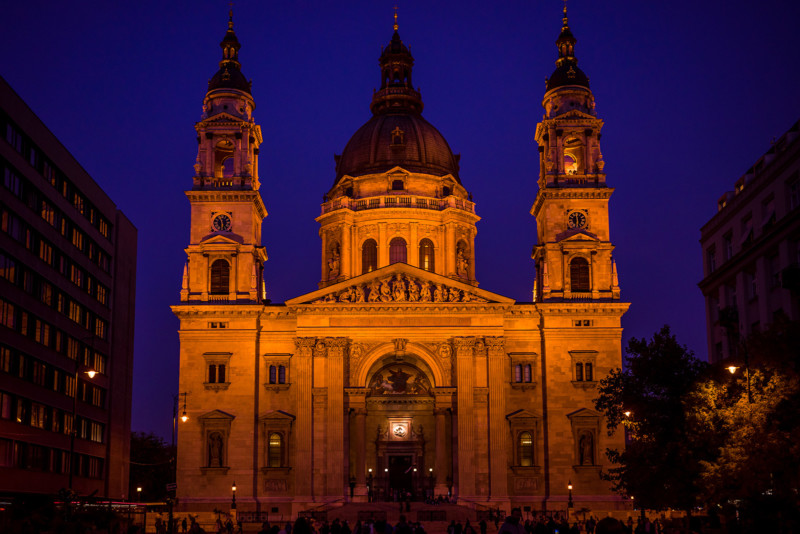 A photo of a cathedral taken in low light.