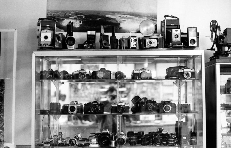 Vintage cameras on a shelf containing more vintage cameras