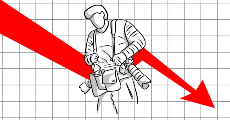 An illustration of a photographer in front of a declining sales chart An illustration of a photographer in front of a declining sales chart