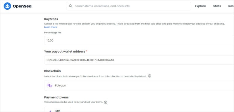 A screenshot showing OpenSea's collection creation process