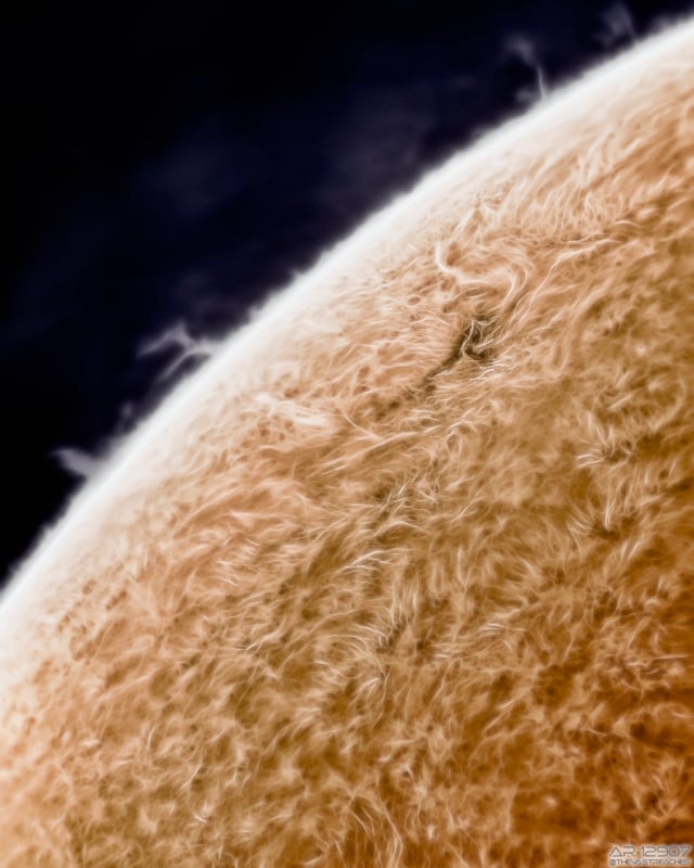 A photo by Jason Guenzel showing the twisted surface of the Sun