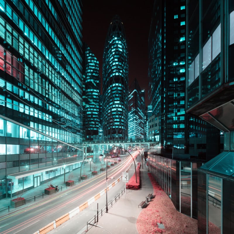 A nighttime infrared cityscape photo by Pierre-Louis Ferrer