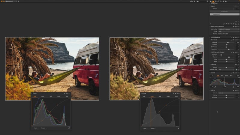 A screenshot of using Curves to edit a photo in Capture One 22 A screenshot of using Curves to edit a photo in Capture One 22