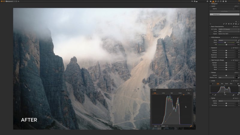 A screenshot of using Curves to edit a photo in Capture One 22 A screenshot of using Curves to edit a photo in Capture One 22
