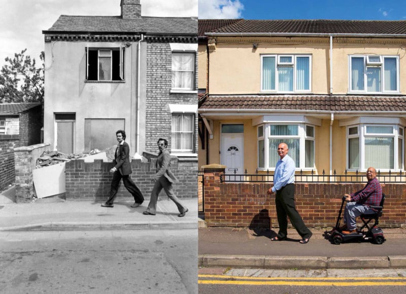 Then and now photos of two men walking down a sidewalk