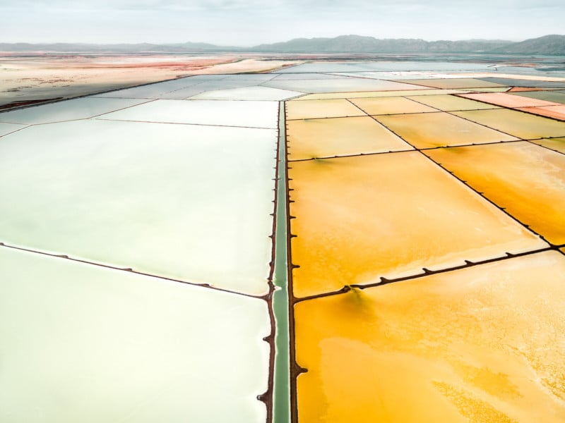 An abstract aerial photo of salt evaporation ponds at the Great Salt Lake in Utah