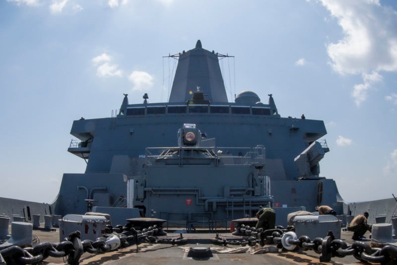 The deck of a US Navy ship showing a new laser energy weapon