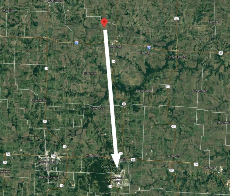 A satellite photo showing the location of Whiteman Air Force Base in Missouri