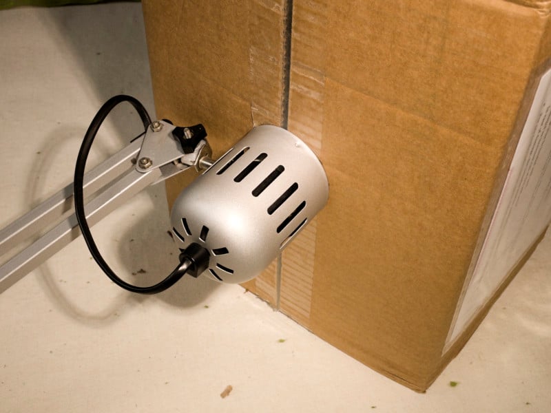 A desk lamp pointed into a cardboard box A desk lamp pointed into a cardboard box
