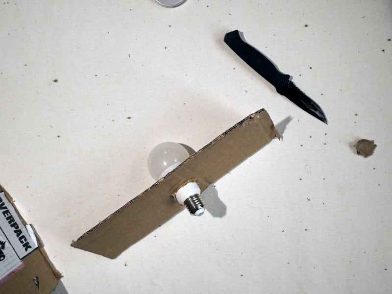 An LED light bulb stuck halfway through a piece of cardboard An LED light bulb stuck halfway through a piece of cardboard