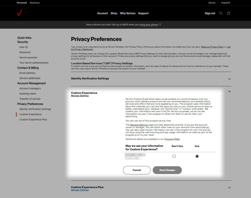 The Custom Experience Plus section on a Verizon account's Privacy Preferences page