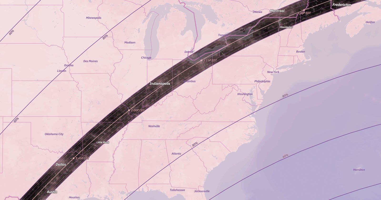 map showing the path of the 2024 solar eclipse