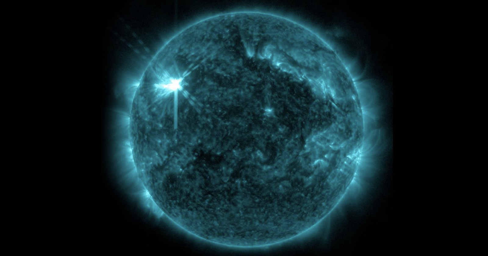 The sun is captured with a subset of extreme ultraviolet light to highlight the solar flare.