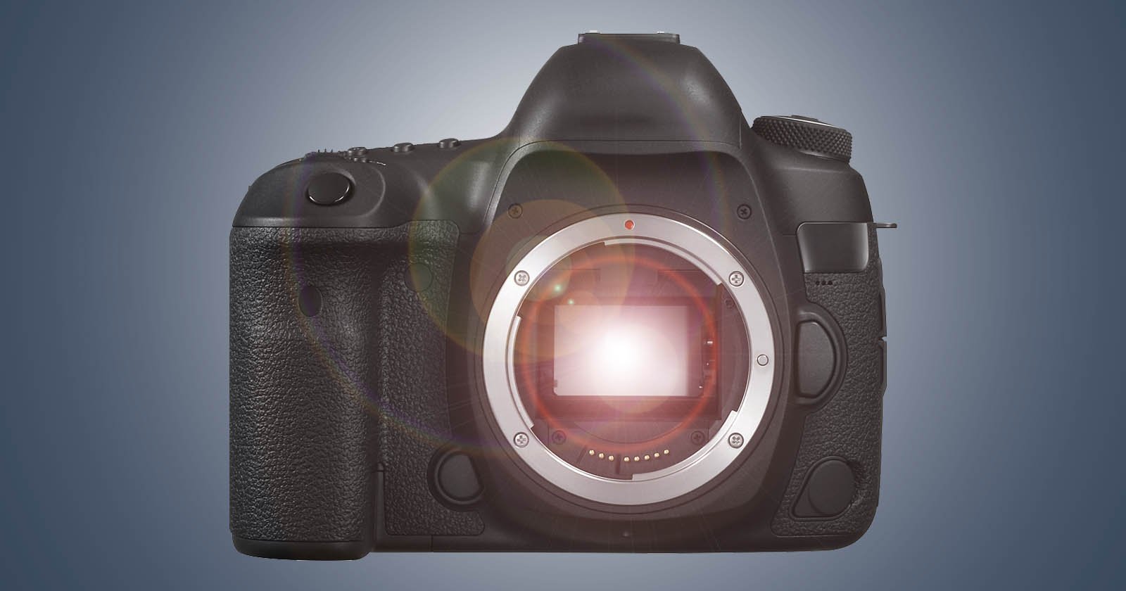 A black DSLR camera without a lens, displaying the exposed image sensor and the lens mount in the center. The camera has a textured grip on the left side, various buttons, and a viewfinder on top. The background is a gradient from dark blue to light gray. A black DSLR camera without a lens, displaying the exposed image sensor and the lens mount in the center. The camera has a textured grip on the left side, various buttons, and a viewfinder on top. The background is a gradient from dark blue to light gray.
