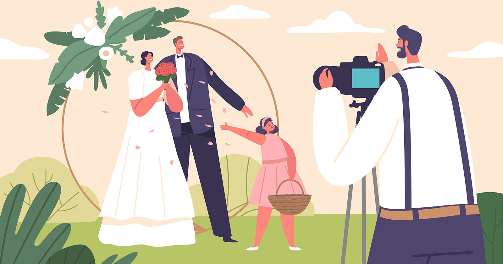 A couple dressed in wedding attire poses for a photograph with a young flower girl. The photographer captures the moment as the flower girl, holding a basket, points excitedly. The background features greenery and a decorative floral arch. A couple dressed in wedding attire poses for a photograph with a young flower girl. The photographer captures the moment as the flower girl, holding a basket, points excitedly. The background features greenery and a decorative floral arch.