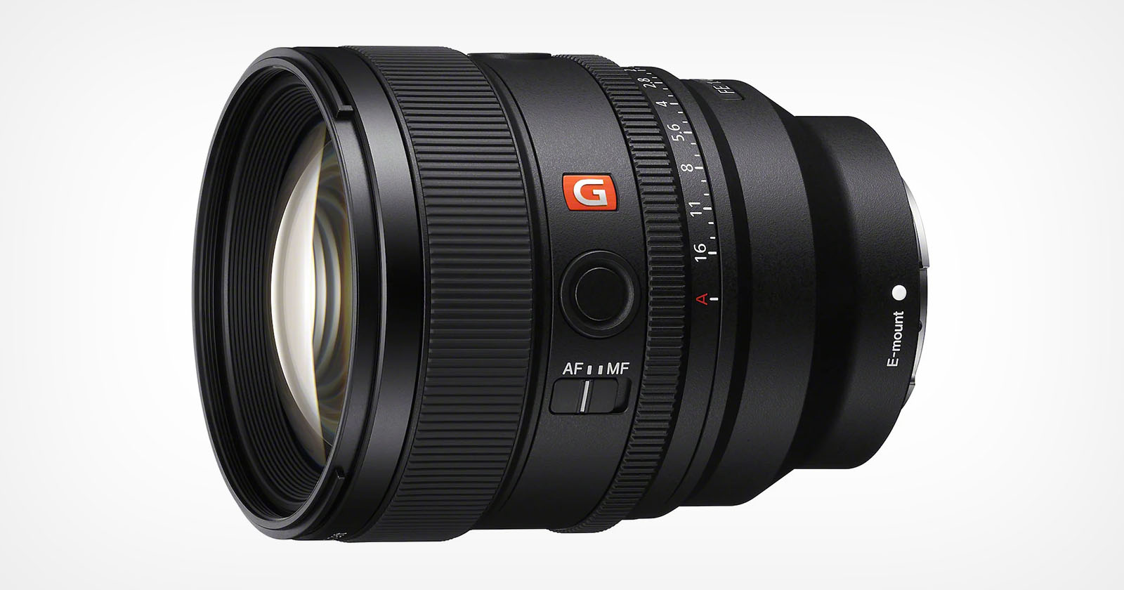 A black camera lens with a wide front glass element. The lens features a red G logo, focus mode switch labeled AF/MF, and aperture ring with marked f-stops. The lens mount is labeled E mount. A black camera lens with a wide front glass element. The lens features a red G logo, focus mode switch labeled AF/MF, and aperture ring with marked f-stops. The lens mount is labeled E mount.