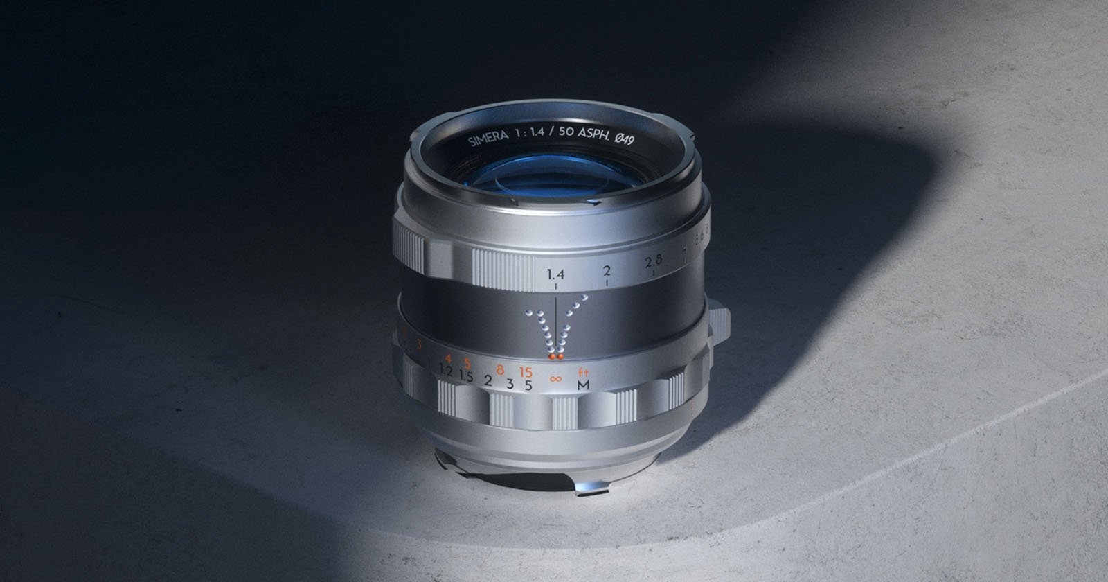 A silver camera lens sits on a concrete surface with minimal lighting. Text on the lens reads SWEA and 1:4/50 ASPH along with various aperture and focus markings. The lighting highlights the texture and details of the lens. A silver camera lens sits on a concrete surface with minimal lighting. Text on the lens reads SWEA and 1:4/50 ASPH along with various aperture and focus markings. The lighting highlights the texture and details of the lens.