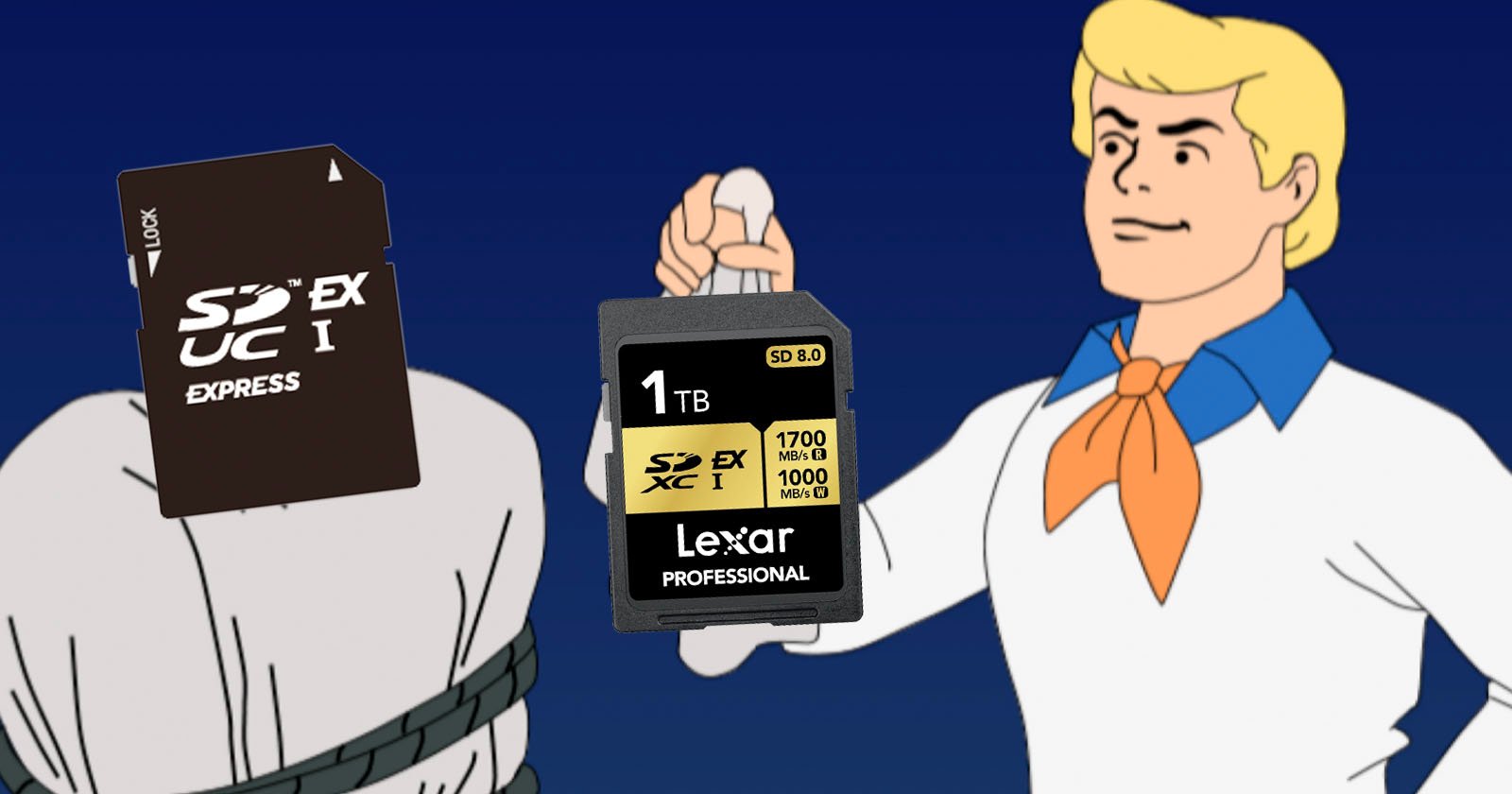 A cartoon character removes a mask from an SD Express card, revealing a 1TB Lexar Professional SD card underneath. The background is a dark blue night sky, and the character wears a white shirt, blue collar, and orange neckerchief. A cartoon character removes a mask from an SD Express card, revealing a 1TB Lexar Professional SD card underneath. The background is a dark blue night sky, and the character wears a white shirt, blue collar, and orange neckerchief.