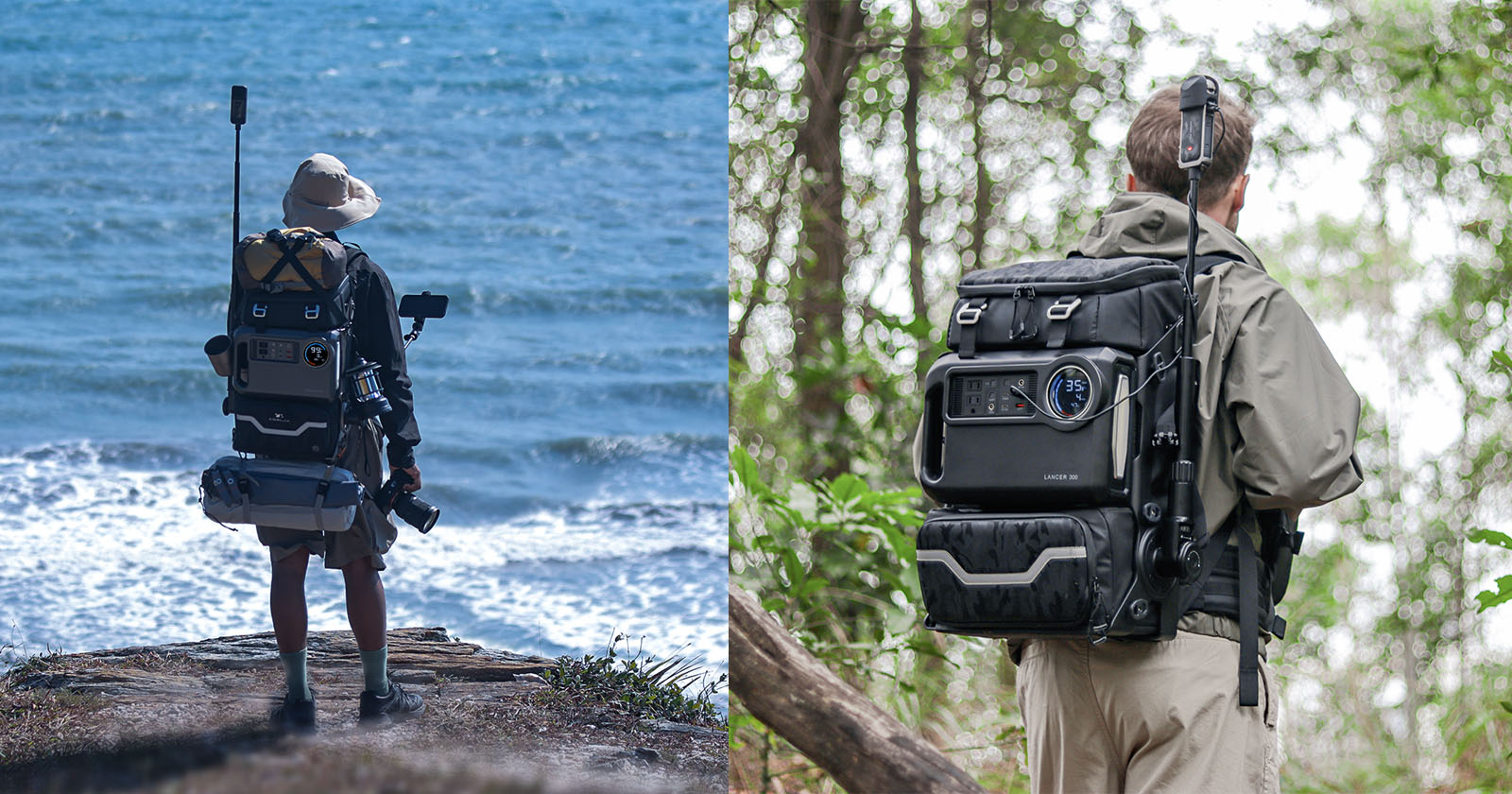 Two images of people in outdoor settings carrying advanced backpacks with various equipment attached. The left image shows a person on a cliff overlooking the ocean, and the right image shows a person in a forested area. Both backpacks are equipped with high-tech gear. Two images of people in outdoor settings carrying advanced backpacks with various equipment attached. The left image shows a person on a cliff overlooking the ocean, and the right image shows a person in a forested area. Both backpacks are equipped with high-tech gear.