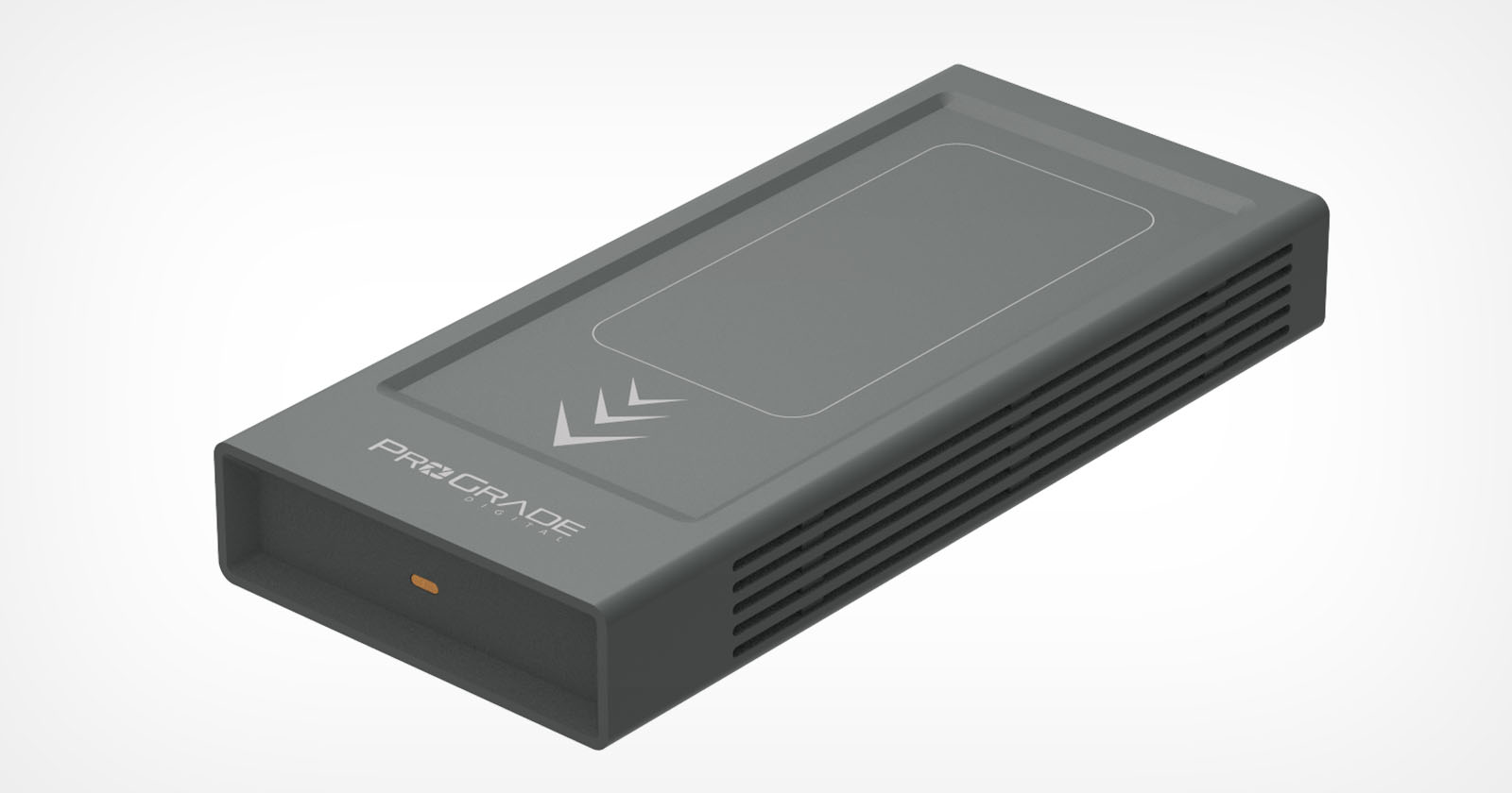 An external solid-state drive (SSD) with a sleek, rectangular grey design. It features the ProGrade Digital logo and branding on the top surface. The sides have ventilation slits, and a small LED indicator light is visible on the front face. An external solid-state drive (SSD) with a sleek, rectangular grey design. It features the ProGrade Digital logo and branding on the top surface. The sides have ventilation slits, and a small LED indicator light is visible on the front face.