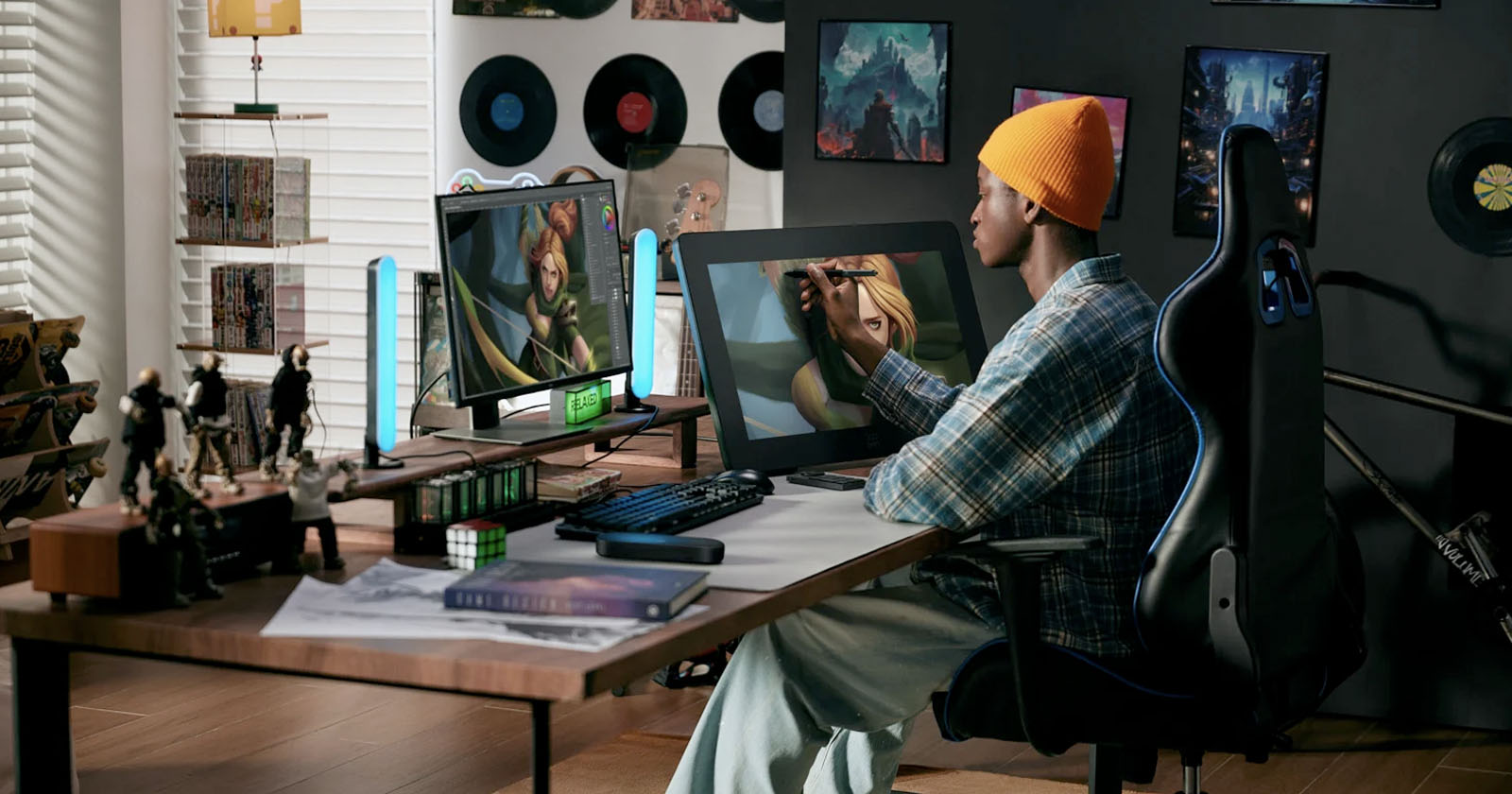 A person wearing a yellow beanie and plaid shirt is digitally drawing on a tablet at a desk. The setup includes dual monitors, figurines, and wall art. The room has a modern and creative vibe with natural light coming from a window. A person wearing a yellow beanie and plaid shirt is digitally drawing on a tablet at a desk. The setup includes dual monitors, figurines, and wall art. The room has a modern and creative vibe with natural light coming from a window.