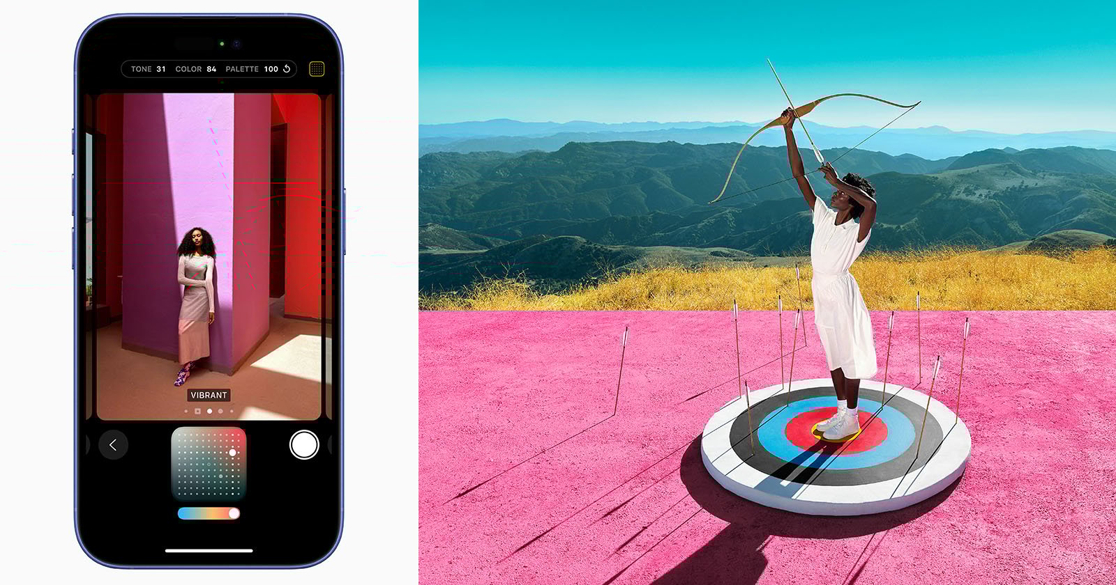 A phone screen shows a photo editing app with a woman in a colorful hallway. Beside it, a woman in white stands on a colorful target in a vibrant, open landscape, aiming a bow upward against a backdrop of mountains and a bright blue sky. A phone screen shows a photo editing app with a woman in a colorful hallway. Beside it, a woman in white stands on a colorful target in a vibrant, open landscape, aiming a bow upward against a backdrop of mountains and a bright blue sky.