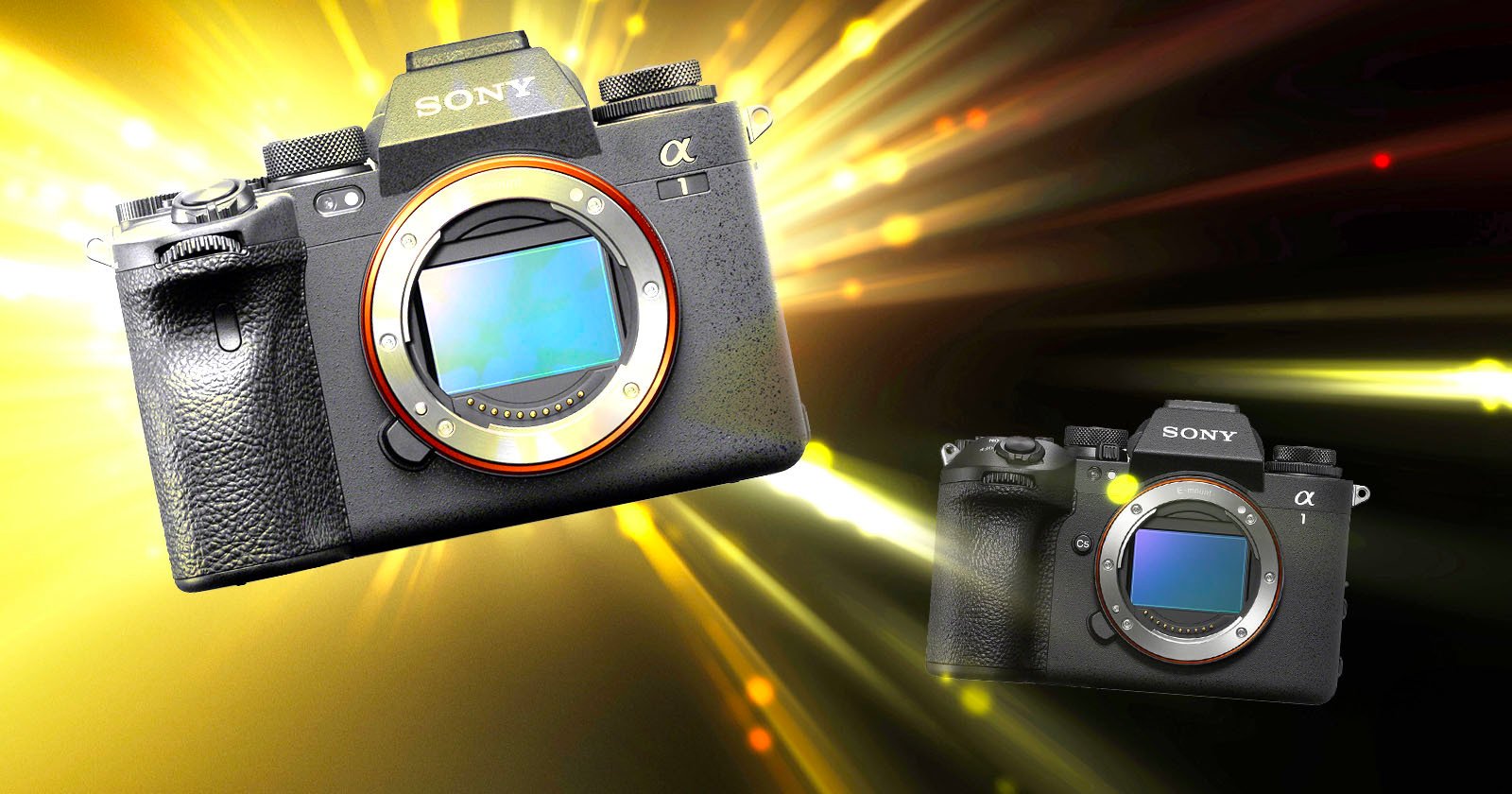Two digital cameras are floating against a dynamic background of yellow and orange light streaks. The larger camera is positioned to the left, while a smaller version is on the right. Both cameras have visible lens mounts. Two digital cameras are floating against a dynamic background of yellow and orange light streaks. The larger camera is positioned to the left, while a smaller version is on the right. Both cameras have visible lens mounts.