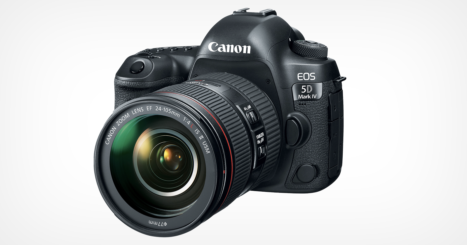 A Canon EOS 5D Mark IV DSLR camera with a 24-105mm lens. The camera is angled slightly to the right, showcasing the lens and body with visible brand and model markings. The background is white. A Canon EOS 5D Mark IV DSLR camera with a 24-105mm lens. The camera is angled slightly to the right, showcasing the lens and body with visible brand and model markings. The background is white.