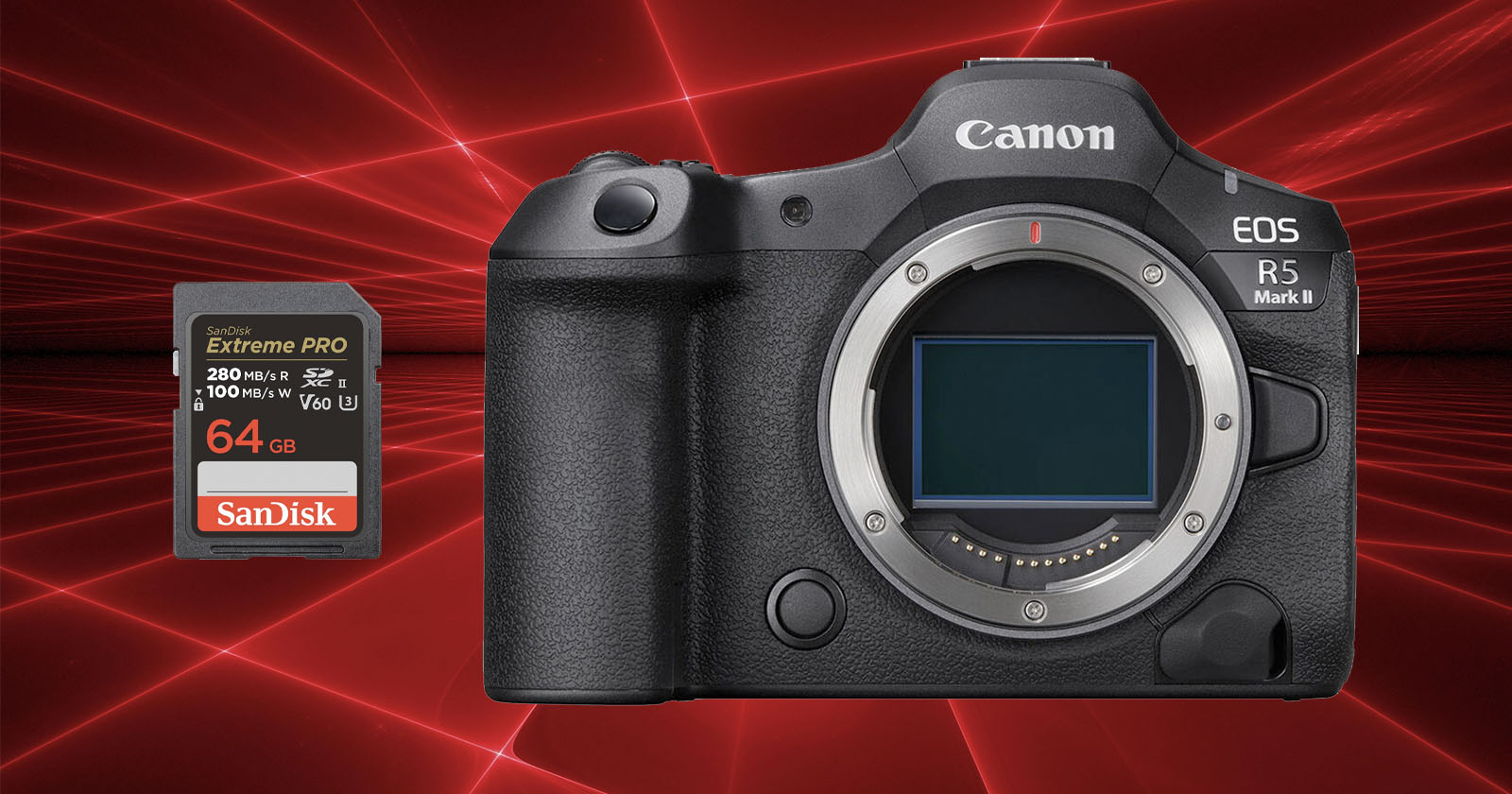 A Canon EOS R5 Mark II camera body without a lens is displayed next to a 64GB SanDisk Extreme PRO memory card. The background features a dynamic red laser light pattern. A Canon EOS R5 Mark II camera body without a lens is displayed next to a 64GB SanDisk Extreme PRO memory card. The background features a dynamic red laser light pattern.