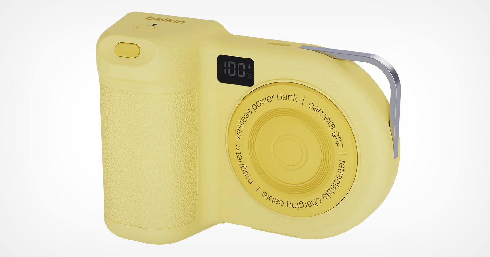 A yellow gadget resembles a compact camera. It features a grip, a digital display screen showing 100%, and a retractable charging cable. It is labeled as a wireless power bank and camera grip. A yellow gadget resembles a compact camera. It features a grip, a digital display screen showing 100%, and a retractable charging cable. It is labeled as a wireless power bank and camera grip.