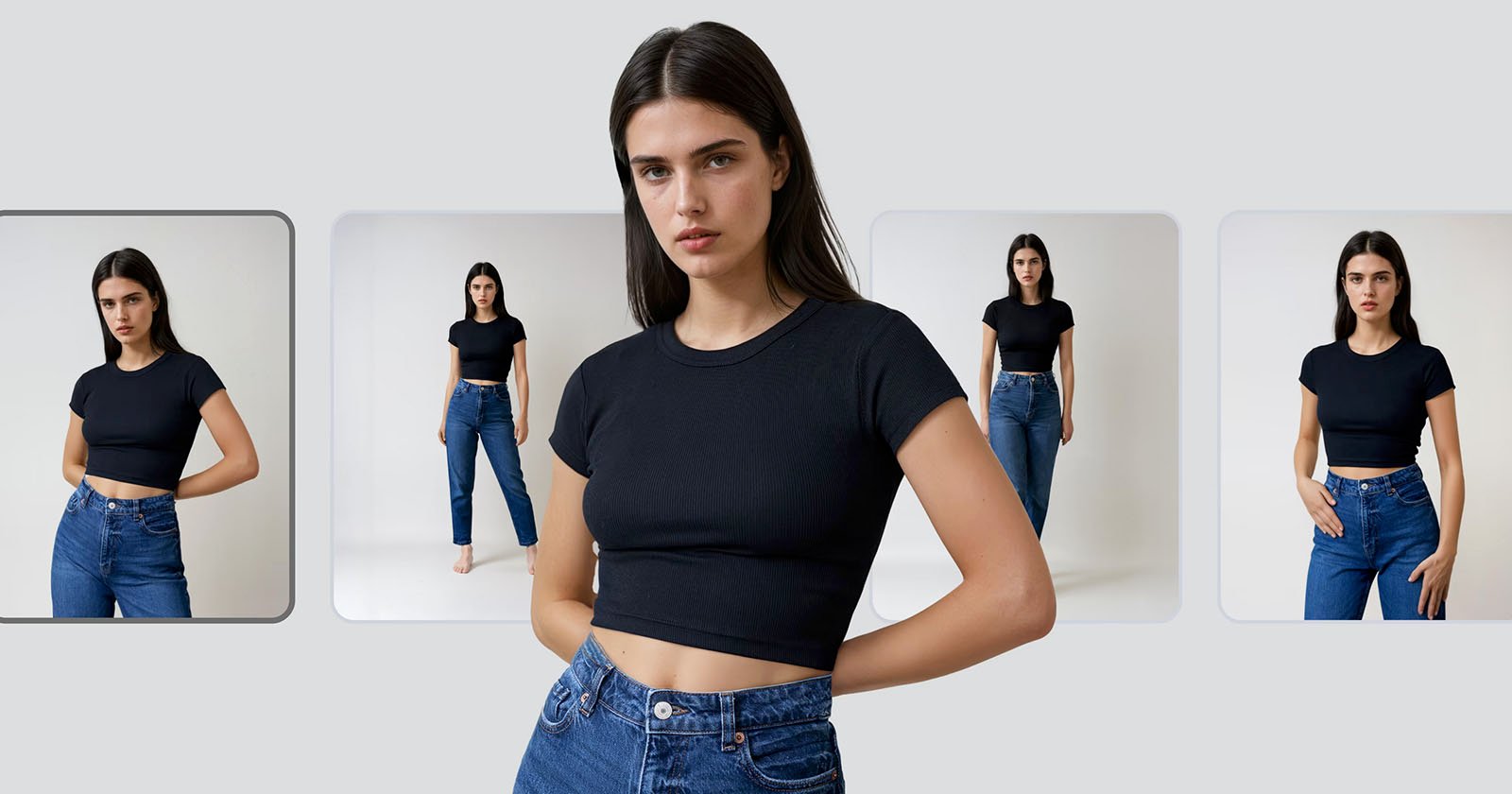 A woman with long dark hair wears a fitted black crop top and high-waisted blue jeans. She poses confidently in four different stances against a plain gray background. A woman with long dark hair wears a fitted black crop top and high-waisted blue jeans. She poses confidently in four different stances against a plain gray background.