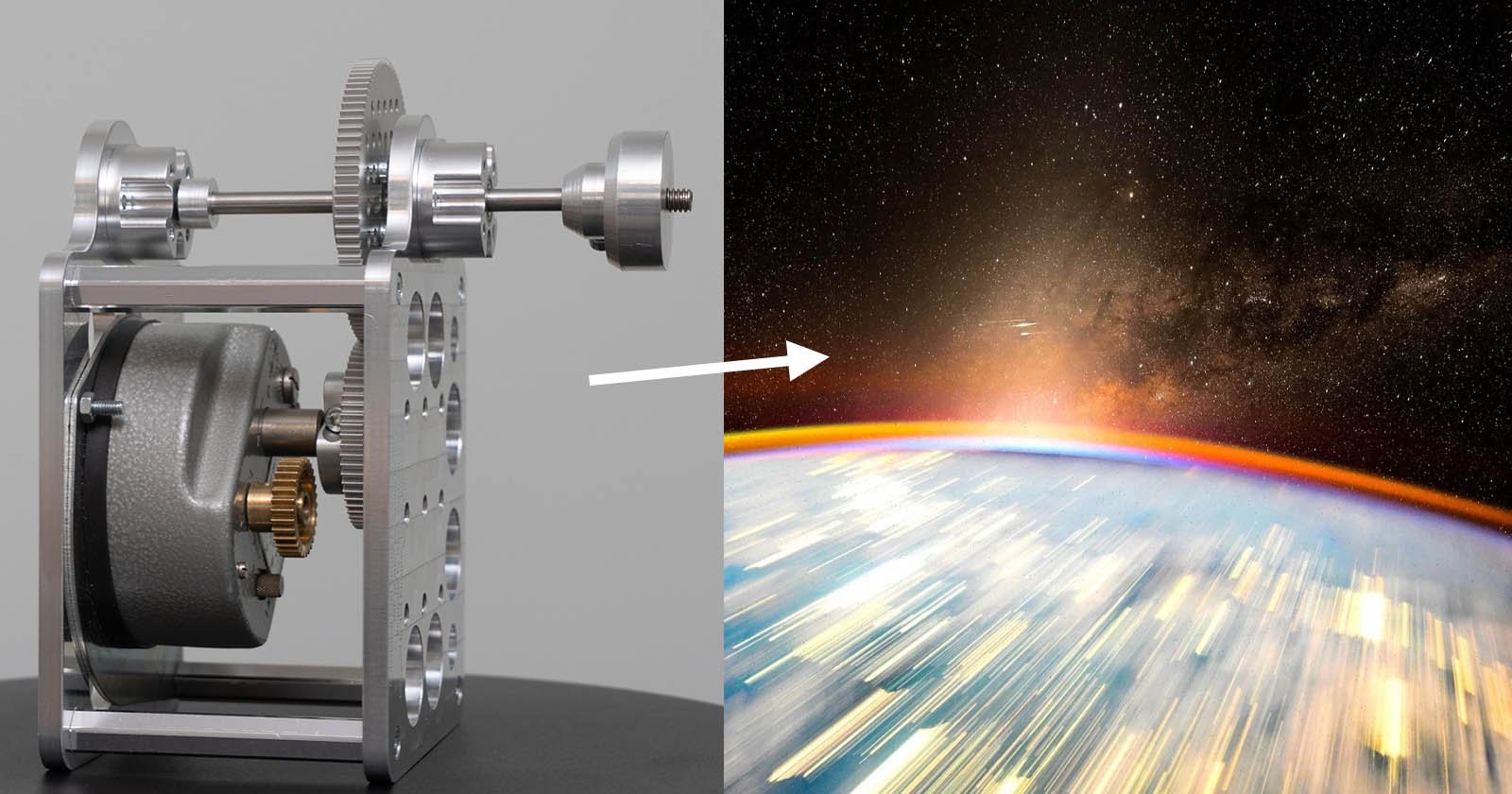 A mechanical device with gears is shown on the left. An arrow points from it to a vibrant, blurred image of space, Earth, and a distant galaxy on the right, suggesting a connection between the device and space exploration. A mechanical device with gears is shown on the left. An arrow points from it to a vibrant, blurred image of space, Earth, and a distant galaxy on the right, suggesting a connection between the device and space exploration.