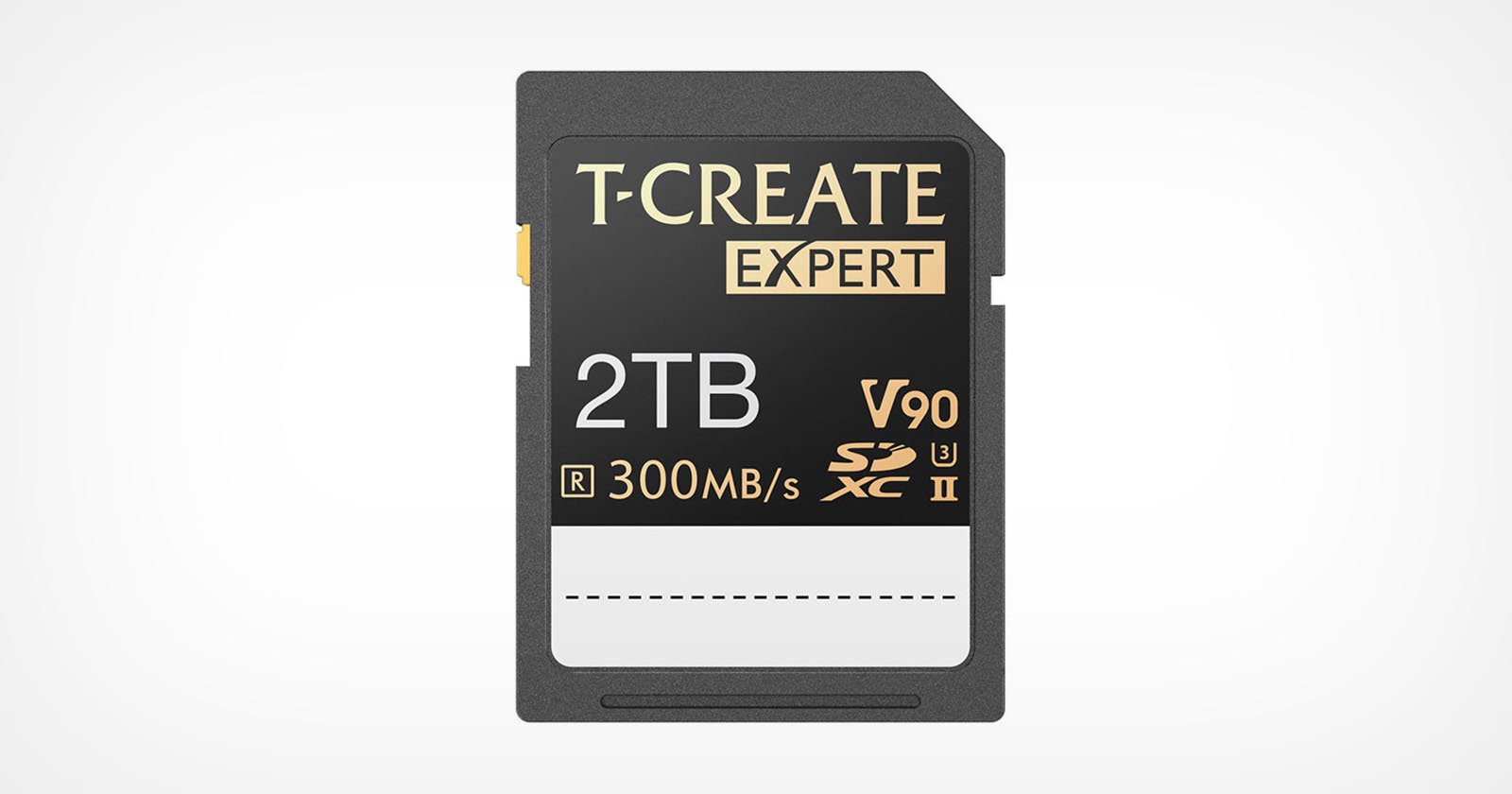 Image shows a T-CREATE Expert 2TB SD card, labeled with V90, R 300MB/s, UHS-II, and SDXC logos. The card is black with gold and white accents, indicating high-speed data transfer and capacity suitable for professional use. Image shows a T-CREATE Expert 2TB SD card, labeled with V90, R 300MB/s, UHS-II, and SDXC logos. The card is black with gold and white accents, indicating high-speed data transfer and capacity suitable for professional use.