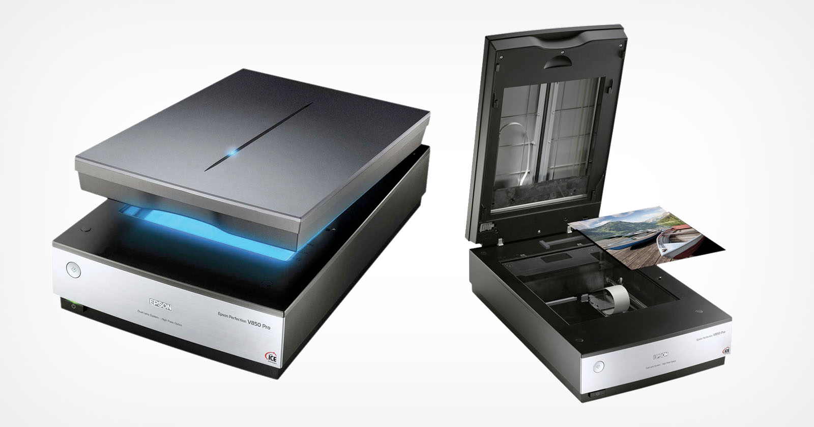 Two flatbed scanners on a white background. The left scanner is closed with a blue light underneath the lid. The right scanner is open with photographs inside. Both have a sleek, modern design. Two flatbed scanners on a white background. The left scanner is closed with a blue light underneath the lid. The right scanner is open with photographs inside. Both have a sleek, modern design.
