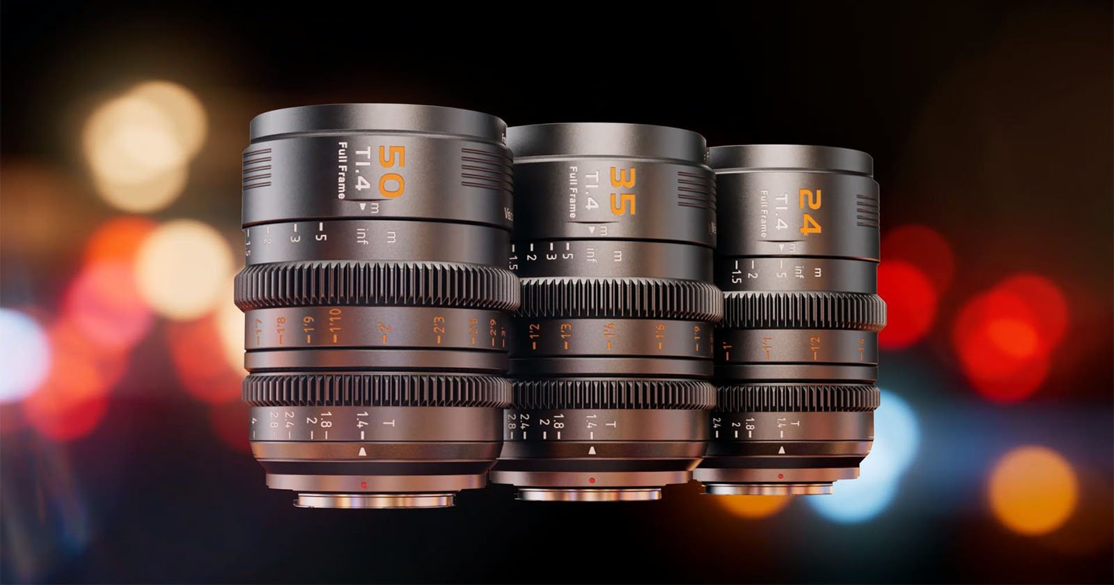 Three camera lenses labeled 50mm, 35mm, and 24mm are displayed side by side against a blurred background of colorful lights. The lenses have aperture markings and focus rings. The bokeh effect adds a vibrant contrast. Three camera lenses labeled 50mm, 35mm, and 24mm are displayed side by side against a blurred background of colorful lights. The lenses have aperture markings and focus rings. The bokeh effect adds a vibrant contrast.